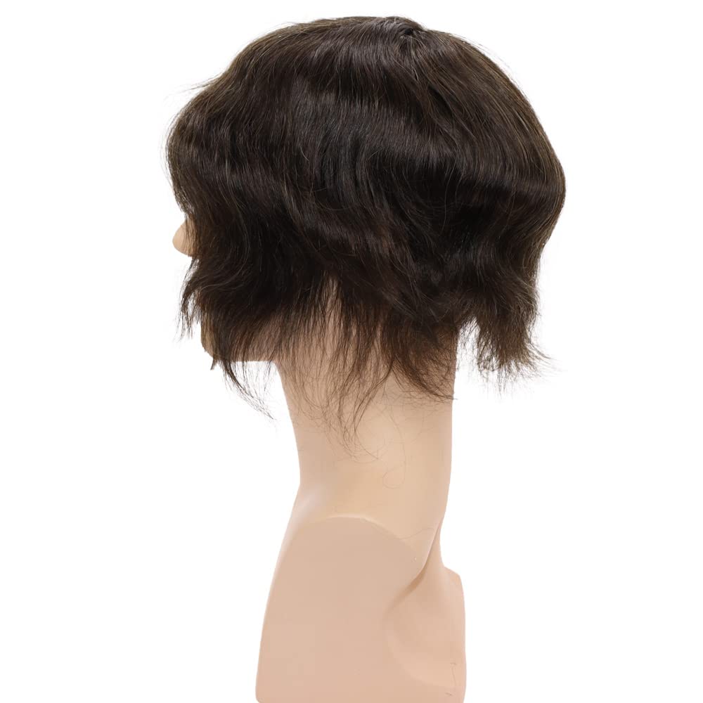Mens Wigs Toupee for Men European Virgin Human Hair Weave Unit for Man Hair Toupee Mono Lace Top Skin PU Men Hair Replacement System Mens Hairpiece (#3 Dark Brown Color)