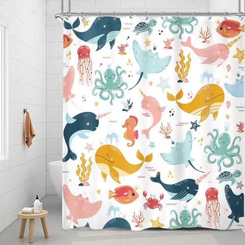 Riyidecor Funny Whale Kids Shower Curtain 60Wx72H Inch Cartoon Dolphin Curtains Cute Marine Animal Ocean Fish Undersea Sealife for Boy Girl Bathroom Decor Fabric Polyester Waterproof 12 Pack Hooks