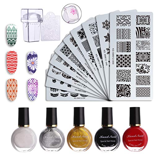 Makartt 17pcs Nail Art Stamping Plates Kit with 10pcs Mental Manicure Plates 1 Stamper 1 Scraper 5pcs Nail Stamping Polish 10ml for DIY & Salon Nail Art, S-03