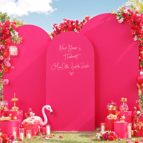 Image of Hot Pink Arch Backdrop Cover Set of 3 (7.2ft, 6.6ft, 6ft), Double-Sided Spandex Chiara Arch Frame Covers, Wrinkle-Free Vibrant Matte Fabric for Birthday Party Decor (No Stand)