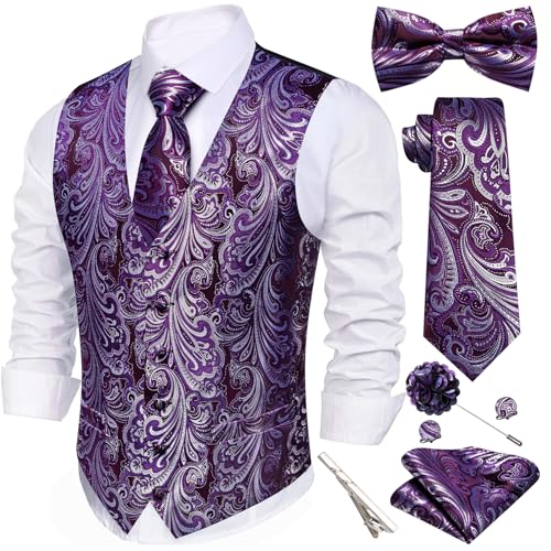 Image of Barry.Wang Men's Suit Vest Tie Bowtie Set Formal Silk Paisley Waistcoat Hanky Cufflinks Lapel Pin Set Wedding Party 7PCS