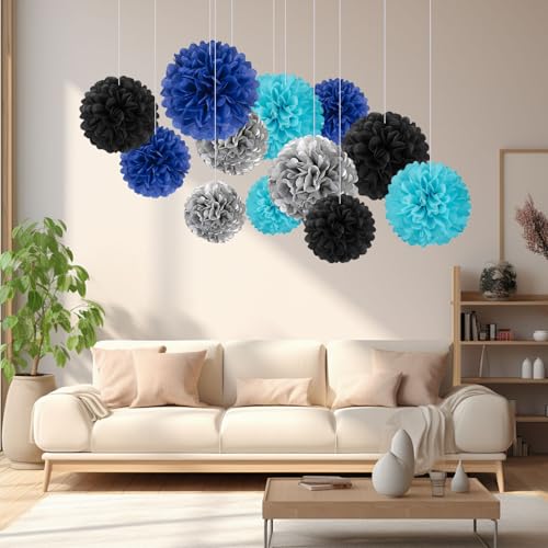 Image of 20 PCS Tissue Paper Pom Poms, Tissue Pom Poms Flowers, Sizes of 6 inch, 10 inch, 12 inch, 14 inch Hanging Paper Flower Ball for Wedding, Birthday, Graduation, Baby Shower Party Decor (Black Silver Blue)
