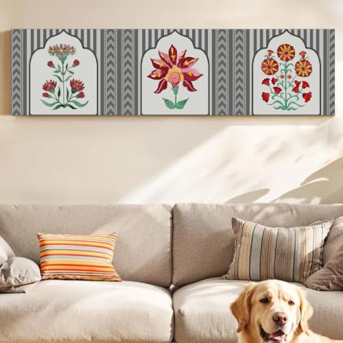 Image of Large Stretched Canvas Painting, Panel Wall Painting Traditional Indian Lotus Motif Luxury Paintings for Home Decoration, Living room, Bedroom and Office Decor (Red, 12x46 Inch)
