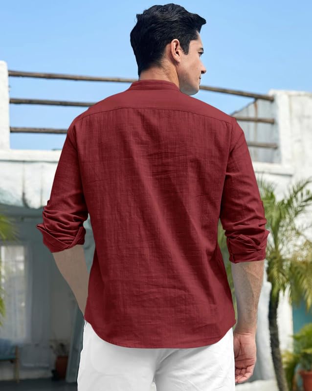 Image of FINIVO FASHION Men's Cotton Blend Short Kurta Shirt | Casual Ethnic Wear with Roll-Up Sleeves & Mandarin Collar | Comfortable Fit Tunic for Festive, & Summer Outings