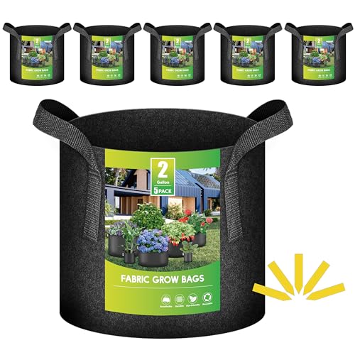 iPower 5-Pack 2 Gallon Plant Grow Bags Thickened Nonwoven Aeration Fabric Pots Heavy Duty Durable Container Strap Handles for Garden Black
