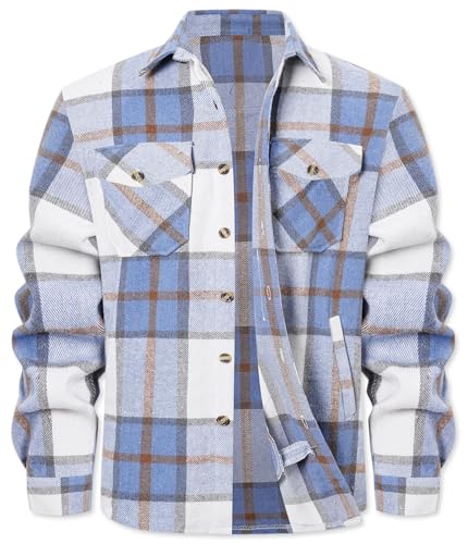 Cromoncent Men's Long Sleeve Thick Flannel Shirt Button Down Plaid Heavyweight Jacket,Thick White Blue,Small