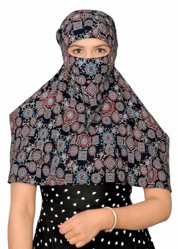 Image of Scarf Face Full Covering With Mask Head Hair Wrap Sun Protection For Women Cotton Printed Square All Season Wear