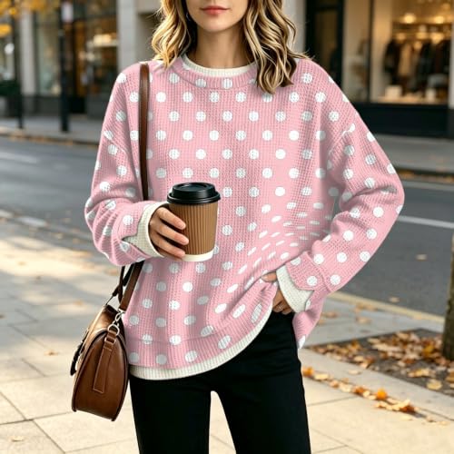 Waffle Knit Womens Crew Necks Sweatshirts Oversized Polka Dot Layered Tops - image 5