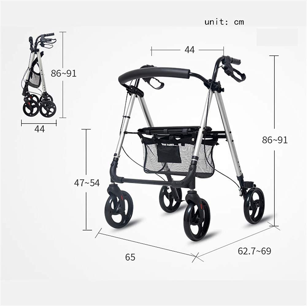 Andador para Ancianos,Andador de altura ajustable, andador, andador/andador de 4 ruedas con frenos de mano de bucle, plegable, ligero, de cuatro ruedas con cojín de asiento y cesta de la com