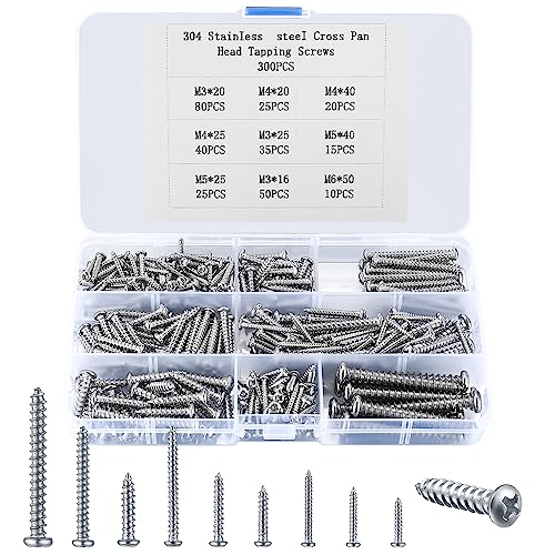 300 Pcs Wood Screws Assortment Set, Self Tapping Screws for Wood M3 M4 M5 Cross Drive Round Head Screws