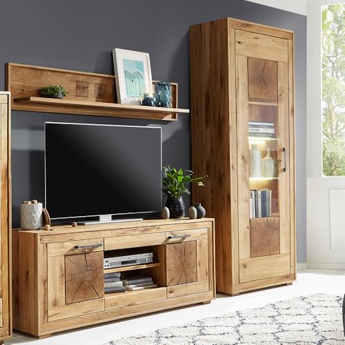 Lomadox Wohnmöbel Set Wohnwand Wildeiche massiv geölt montiert 3-teilig Modern, Wandboard, Lowboard, Vitrine inkl. Beleuchtung