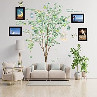 Large Fruit Tree Wall Stickers with 4 Maganetic Photo Frames, Wanglaism DIY Green Leaves Flying Birds Wall Decals Art Murals Decor for Nursery Living Room Bedroom Home Decoration