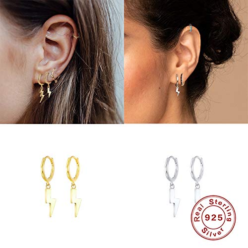 ISCBAFYX 2 ück 925 Sterling Silber hängende Creolen für Frauen, Blitz, Honigbienenauge, Tier-Charme, Kleiner Creolen-Ohrring yc702 (Gem Color: 1)