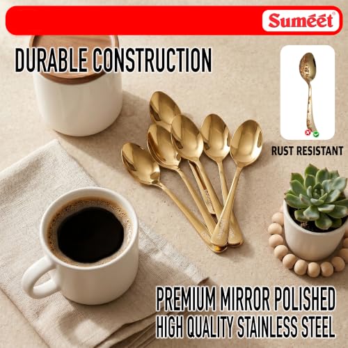 Image of Sumeet Stainless Steel Golden Dessert /Table Premium Spoon Set of 6 Pc - (18cm L) (1.6mm Thick)