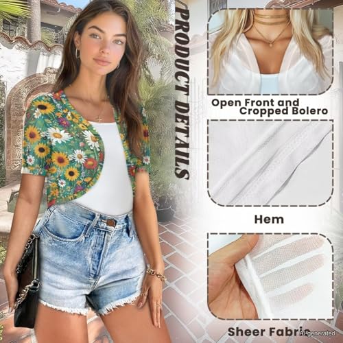Image of Womens Short Sleeve Cardigans Lightweight Summer Cardigan Trendy Bolero Shrug Cute Floral Cardigan Sheer Bolero