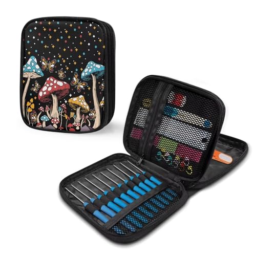Image of Cartoon Mushroom Crochet Storage Organizer with Web Pockets Butterfly Knitting Needle Storage Vacation Portable Crochet Hook Case for Holiday Decor