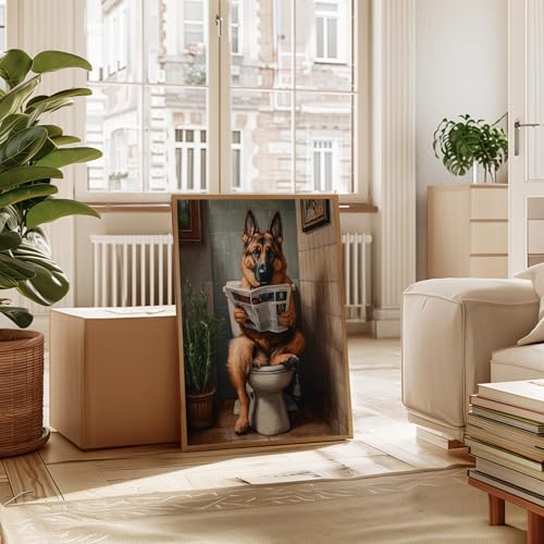 Image of German Shepherd on Toilet Wood Framed Wall Art Print Poster, Dog Bathroom Humor Decor Posters Prints for Restroom Home Picture Painting Artwork Gallery 7 (German Shepherd, 11 inchW x 14 inchL, Wood Frame)