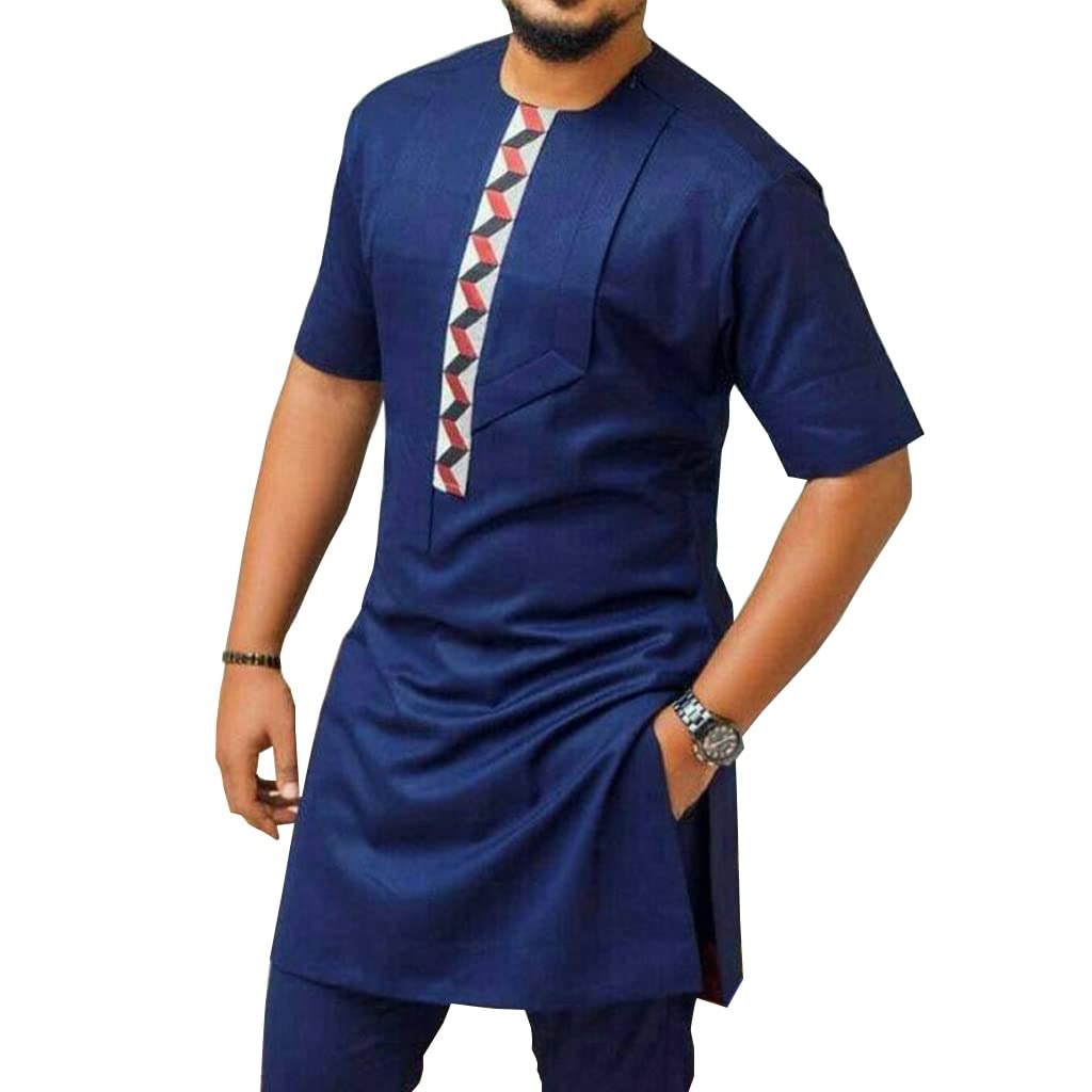 Men's African Traditional Clothes Cotton Ethnic Dashiki Outfit Short Sleeve Pullover Shirt Top and Pants Set