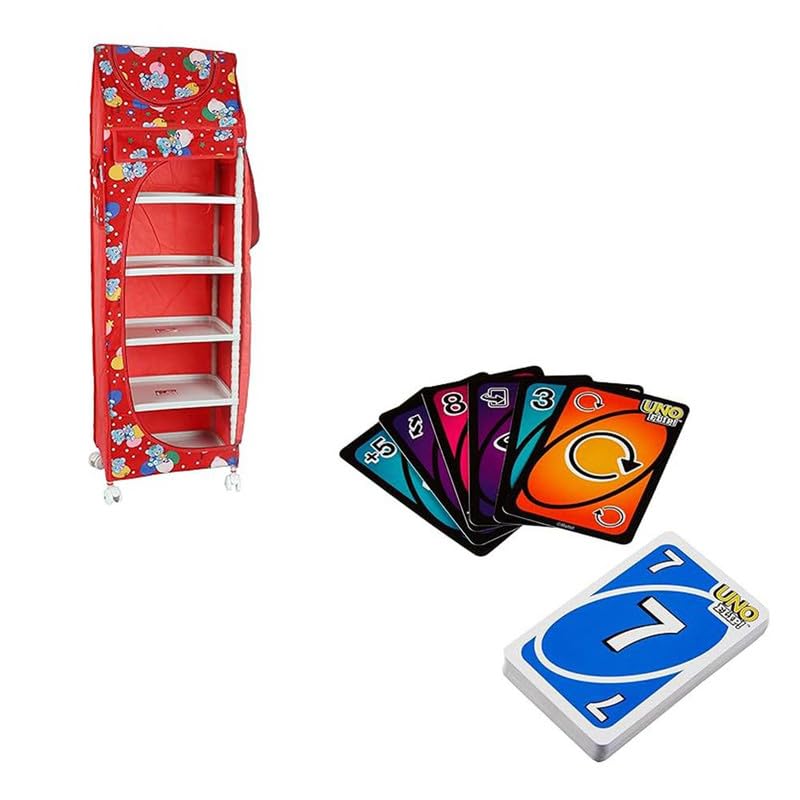 OLIFIN Plastic Multipurpose 7 Shelve Foldable Wardrobe Almirah for Baby, Kids Cupboard- Red Flip Cards Game for Camping– Double Sided Cards, Fun Game for Adult & Family (180 Cards, Pack of 2)