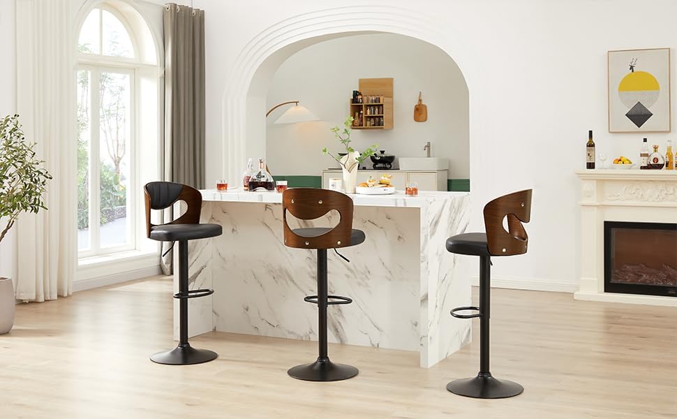 Swivel Bar Stools Set of 2,Counter Height Stools with Bentwood Back,Armrest&Footrest,Adjustable PU Leather Bar Chairs for Kitchen Island,Coffee Shop and Salon,Black,Curveback Classic