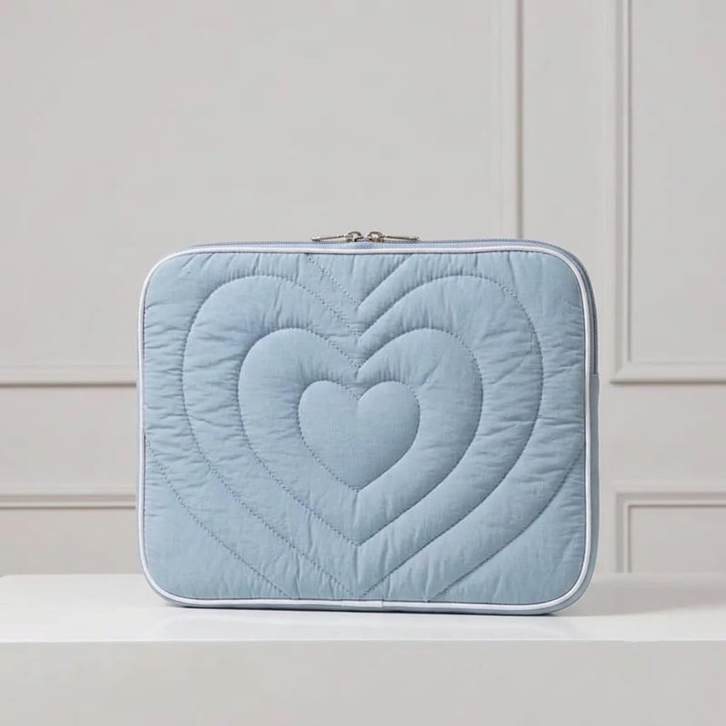 Cute Padded Heart Laptop Sleeve 11/13 Inch Protective Puffy Computer Bag Plush Aesthetic Tablet Case Sleeve for Women Girls Nice Gift (13 inch,Blue)
