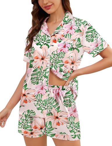 Image of SWOMOG Womens Silk Satin Pajamas Set Short Sleeve Sleepwear Button Down Top and Shorts Loungewear 2 Piece Pjs Set XS-3XL
