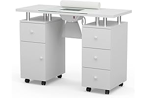 Paddie Manicure Table, Nail Vanity Desk with Glass Top and Electric Downdraft Vent