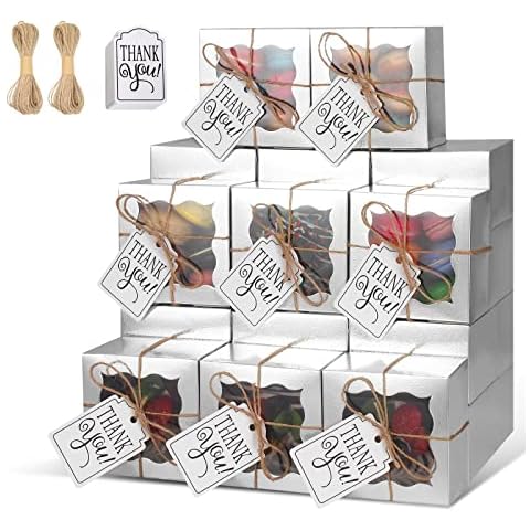 KPOSIYA 20 Pcs Silver Bakery Boxes with Window Individual Cupcake Boxes 4x4x2.5 Inches Cookie Boxes Kraft Paper Brown Gift Box for Pastries, Cookies, Pie, Donuts, Macaroon Cover