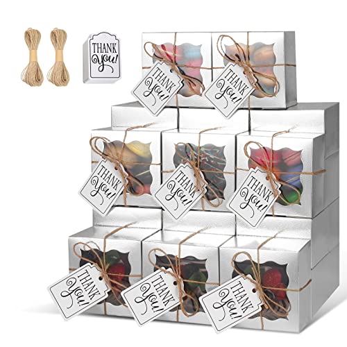 KPOSIYA 20pcs Small Cookie Boxes with Window, 4x4x2.5 Silver Bakery Box