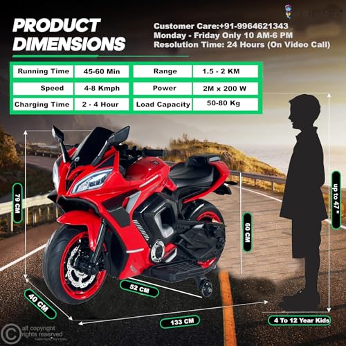 Image of Wishmaster 5 to 10 Years Electric Battery Operated Ride on Vehicles for Baby 2 Motorcycle Suitable Age 6-12 | Big Size Bike | Toy as Gift (R9 Big Bike (4-12 Years), Red)