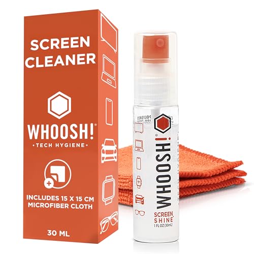 WHOOSH! Screen Shine Go - 1 fl oz Refillable Screen Cleaner Kit with Microfiber Cloth for MacBook, Phone, iPad & Eyeglasses - Powerful Streak-Free Cleaning - Pocket-Sized, TSA-Approved for Travel