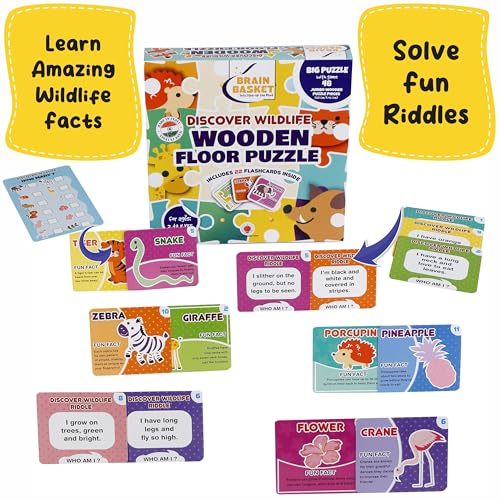 Image of Wildlife Animal Floor Puzzle | Jumbo Wooden Jigsaw Puzzle with Flash Cards for Kids | Fun Facts Animal Puzzles, Educational Toys, Gift Toys for Ages 4+| Puzzle & Scrabble Game for Kids