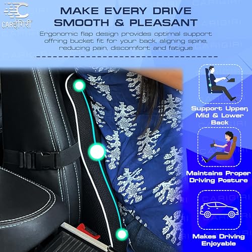 Image of Carigiri FlapRest Car Back Rest Pillow| 1 Year Warranty| Memory Foam Back Pillow| Car Seat Back Cushion| Car Back Pillow for Back Pain Relief in Office,Driving(Black, White Hemming, Pack of 1)