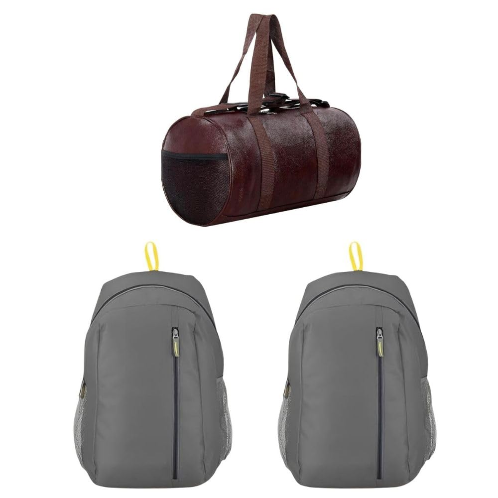 Gym Duffel Bag & Grey Backpack Combo for Men & Women – Brown Accents, Waterproof Lightweight Travel Sports Gym Bag Set with Mesh Pockets | College, Office & Daily Use-image-46