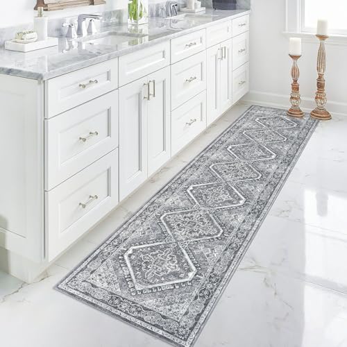 KUTA Oriental Medallion Kitchen Runner Rug, 2x8 Vintage Grey Washable Hallway Runners Non-Slip Ultra Soft Printed Distressed Tribal Floor Carpet Rugs for Bedroom Living Room Nursery