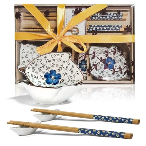 Finsink Set di stoviglie per sushi per 4 persone, 12 ciotole in ceramica, a forma di foglia d'acero, motivo fiori di prugna, perfetto come regalo per coppie o compleanno