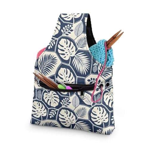 Image of ZUXONGSY Monstera Leaf Yarn Bags for Knitting Tropical Leave Yarn Tote Bag for Women Floral Portable Knitting Project HanbBag for Crochet Hooks
