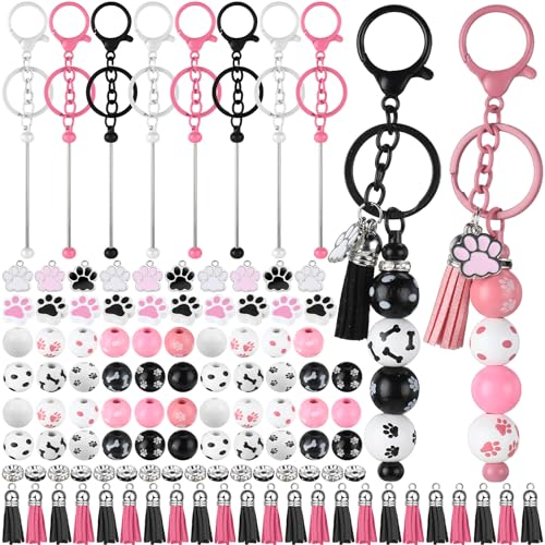 Landical 12 Sets Metal Beadable Keychain Bars with Wood Dog Paw Bone Beads Wooden Beads Bulk Pets Footprint Charm Animal Beads Keychain Kit for Kids Easter DIY Craft Party Decor (Pink, Black, White) Landical 12 Sets Metal Beadable Keychain Bars with Wood Dog Paw Bone Beads Wooden Beads Bulk Pets Footprint Charm Animal Beads Keychain Kit for Kids Easter DIY Craft Party Decor (Pink, Black, White)