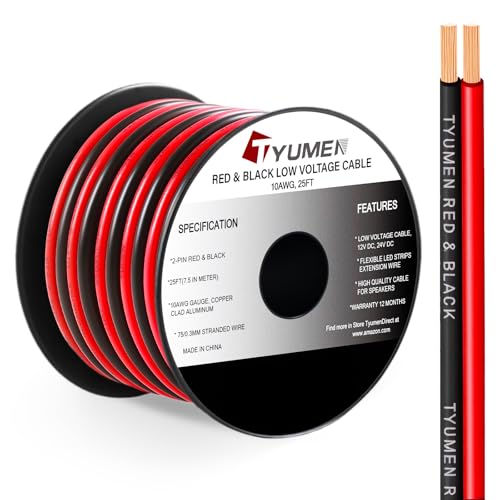 TYUMEN 10 Gauge Wire 25FT, 10AWG Red Black Electrical Wire LED Strips Extension Cord 12V/24V DC Cable, 10 AWG 2 Conductors Flexible Low Voltage Wire for in-Home, Autos, Speaker use