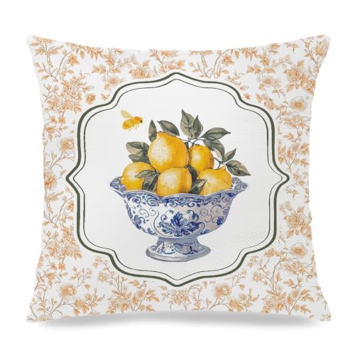 Image of Chinoiserie Lemon Summer Pillow Cover 18x18,Cottagecore Lemon Home Decor,Rustic Farmhouse Botanical Fruit Citrus Decorative Lumber Throw Pillow Cover for Home Bedroom Living Room