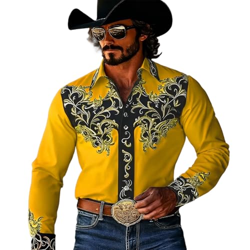 Camisa Informal Masculina de Manga Larga con Botones y diseño Floral Estilo Western para Celebraciones temáticas y Actividades al libreElegancia Discreta para el Hombre Actual