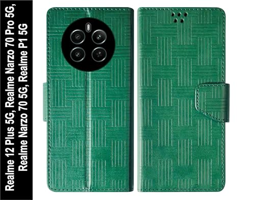 Image of SBMS Flip Cover for Realme Narzo 70 Pro 5G / Realme 12 Plus 5G / Narzo 70 5G / P1 5G Back Cover Case with Magnatic Closure|Inbuilt Stand|Card & Money Pocket (Mat Green)