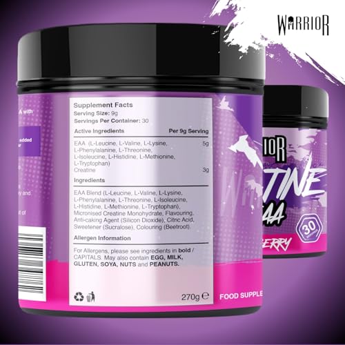 Warrior Créatine Monohydrate + EAA 270 g – 30 Portions – Supplément Sportif pour Force, Récupération et Soutien Musculaire – Poudre Pré- et Post-Entraînement (Fruits Rouges) – Image 4