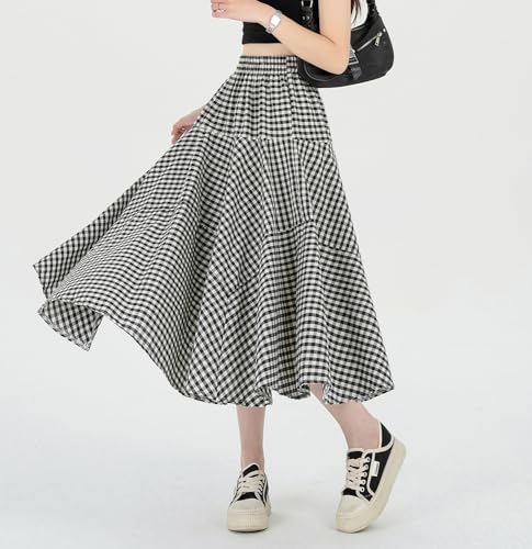 Womens 2024 Summer Plaid Midi Skirt High Waist A-Line Elastic Waist Pleated Swing Flowy Long Skirts4