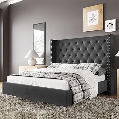 Jocisland Bed Frame Queen Size Velvet Tufted Upholstered Platform Bed Raised Wingback Headboard/Wood Slats Support/No Box Spring Needed/Easy Assembly/Dark Gray