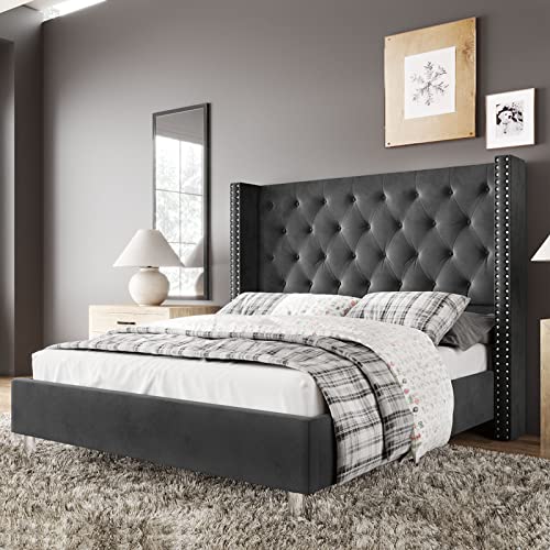 Jocisland Bed Frame Queen Size Velvet Tufted Upholstered Platform Bed Raised Wingback Headboard/Wood Slats Support/No Box Spring Needed/Easy Assembly/Dark Gray #TOP10