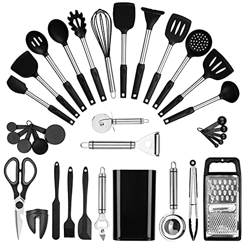 kithcen Utensils set 35 Cooking Utensils set Silicone and Stainless Steel Utensils Set Kitchen Tool Set,Baking Set Kitchen Set Kitchen Gadgets Kitchen Tools Kitchen Accessories Black