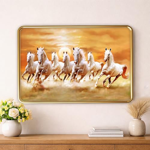 Image of XOPY Seven Running Horses with Golden Frame | Vastu 7 horses Raw Pyrite Painting for Home, Office & Living Room Wall Decore | 12X18 Inch Sparkle Laminated Frame | Best For Gifting (3056, 12X18)