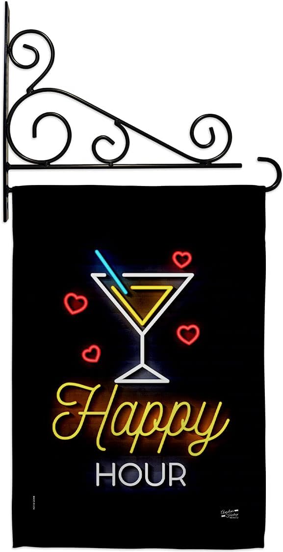 Neon Happy Hour Garden Flag Set Wall Holder Beverages Party Drinks Celebrate Fun Summer Beach Tropical Small Decorative Gift Yard House Banner Double-Sided Made In USA 13 X 18.5