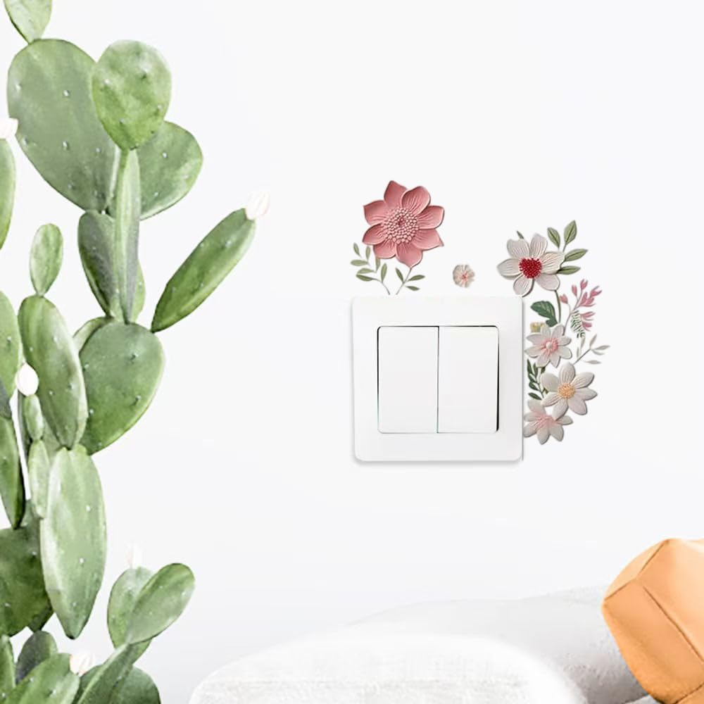 3 Pièces Interrupteu Décoratif Stickers Floral Autocollant en PVC Décoration Murale en Forme de Fleur pour Salon Chambre Salle Bains Cuisine Bureau